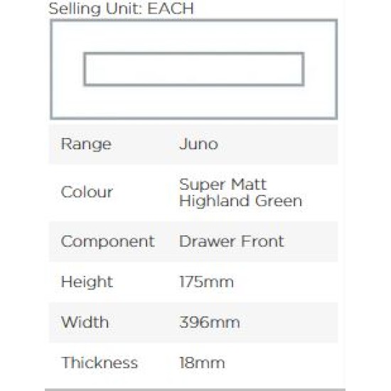 Avanti Juno 18mm Drawer Front, Super Matt Highland Green, 175 x 496mm