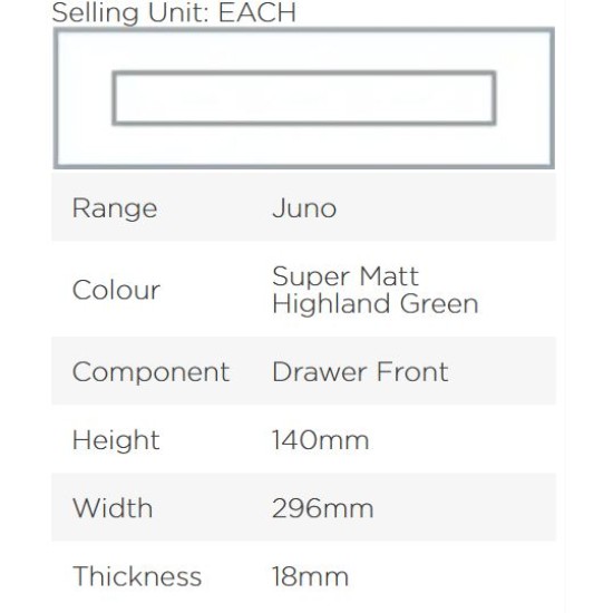 Avanti Juno 18mm Drawer Front, Super Matt Highland Green, 140 x 296mm