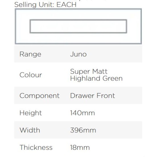 Avanti Juno 18mm Drawer Front, Super Matt Highland Green, 140 x 396mm