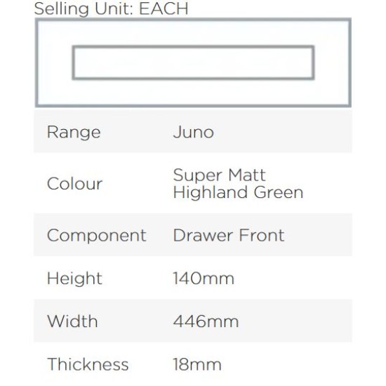 Avanti Juno 18mm Drawer Front, Super Matt Highland Green, 140 x 446mm