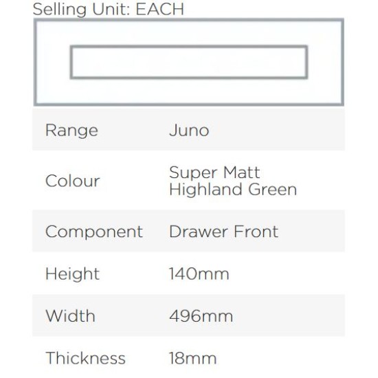 Avanti Juno 18mm Drawer Front, Super Matt Highland Green, 140 x 496mm