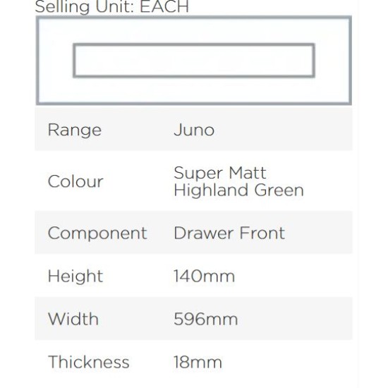 Avanti Juno 18mm Drawer Front, Super Matt Highland Green, 140 x 596mm