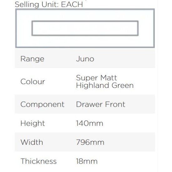 Avanti Juno 18mm Drawer Front, Super Matt Highland Green, 140 x 796mm