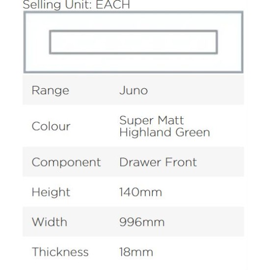 Avanti Juno 18mm Drawer Front, Super Matt Highland Green, 140 x 996mm